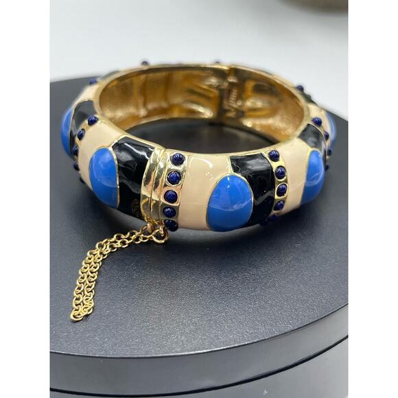 J. Crew Blue Enamel Tan Gold Tone Hinged Safety Chain Bangle Bracelet - Picture 5 of 15